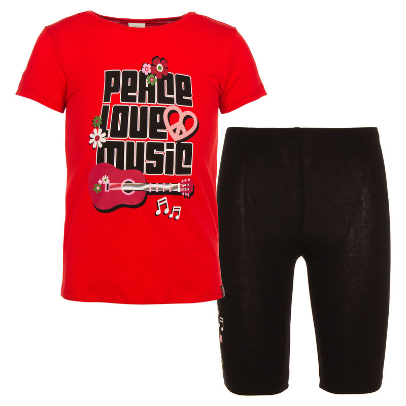 Комплект красный с принтом: футболка и шорты