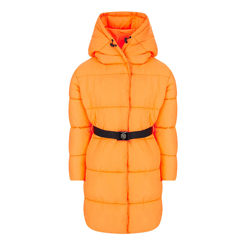 Пальто неоново-оранжевого цвета с поясом